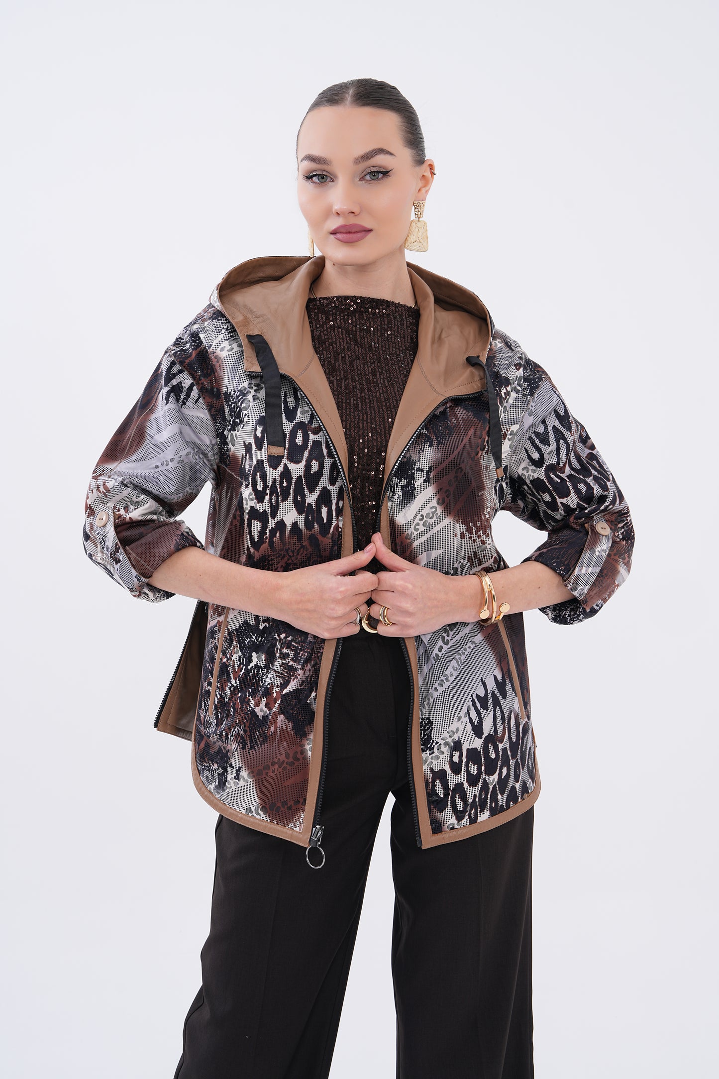 The Nyxara Reversible Hooded Taupe Brown Leather Women Jacket