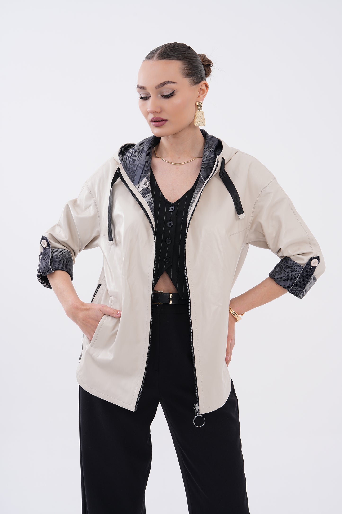 The Nyxara Reversible Hooded Beige Leather Women Jacket