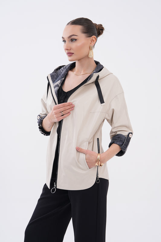 The Nyxara Reversible Hooded Beige Leather Women Jacket
