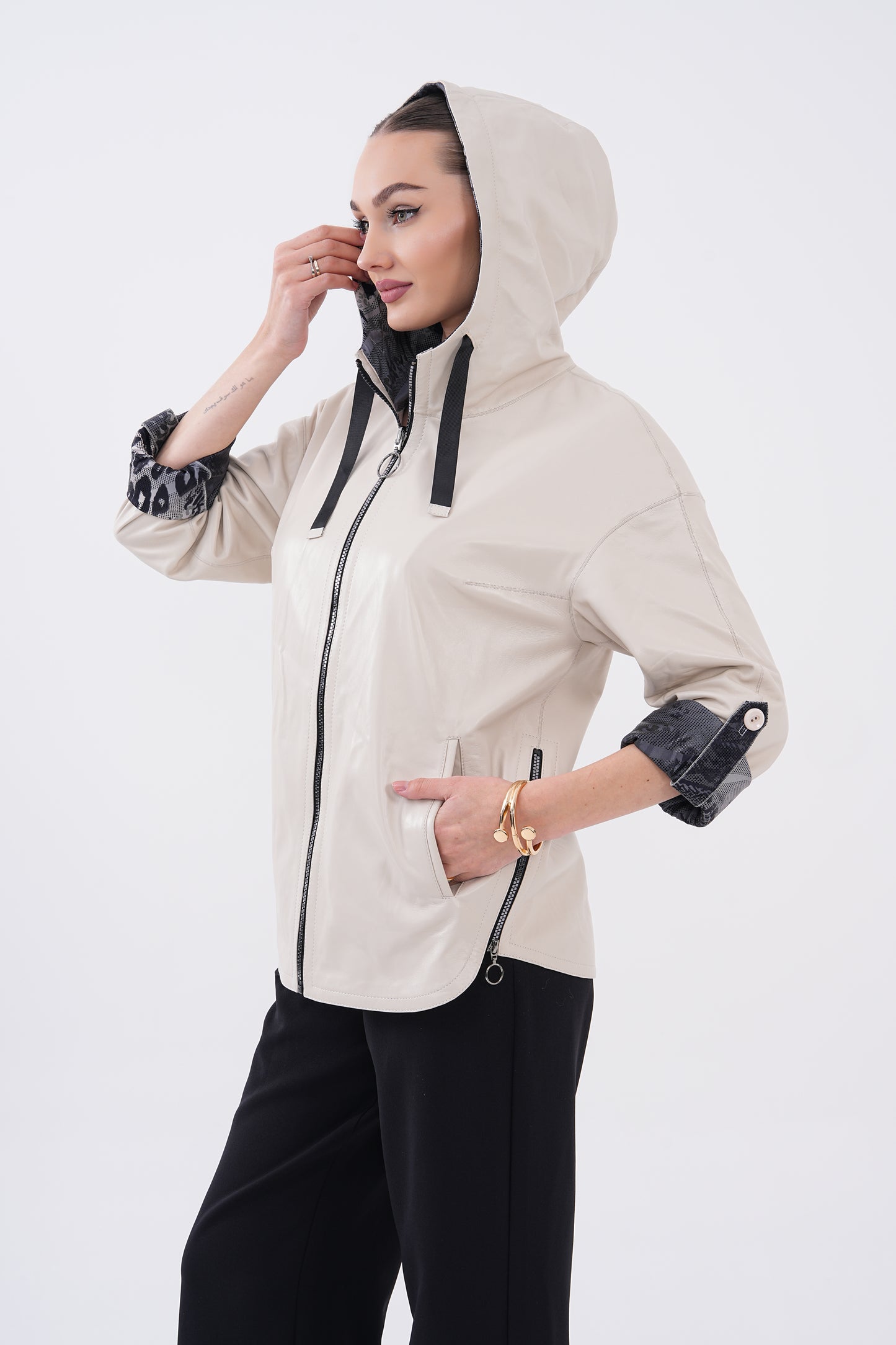 The Nyxara Reversible Hooded Beige Leather Women Jacket