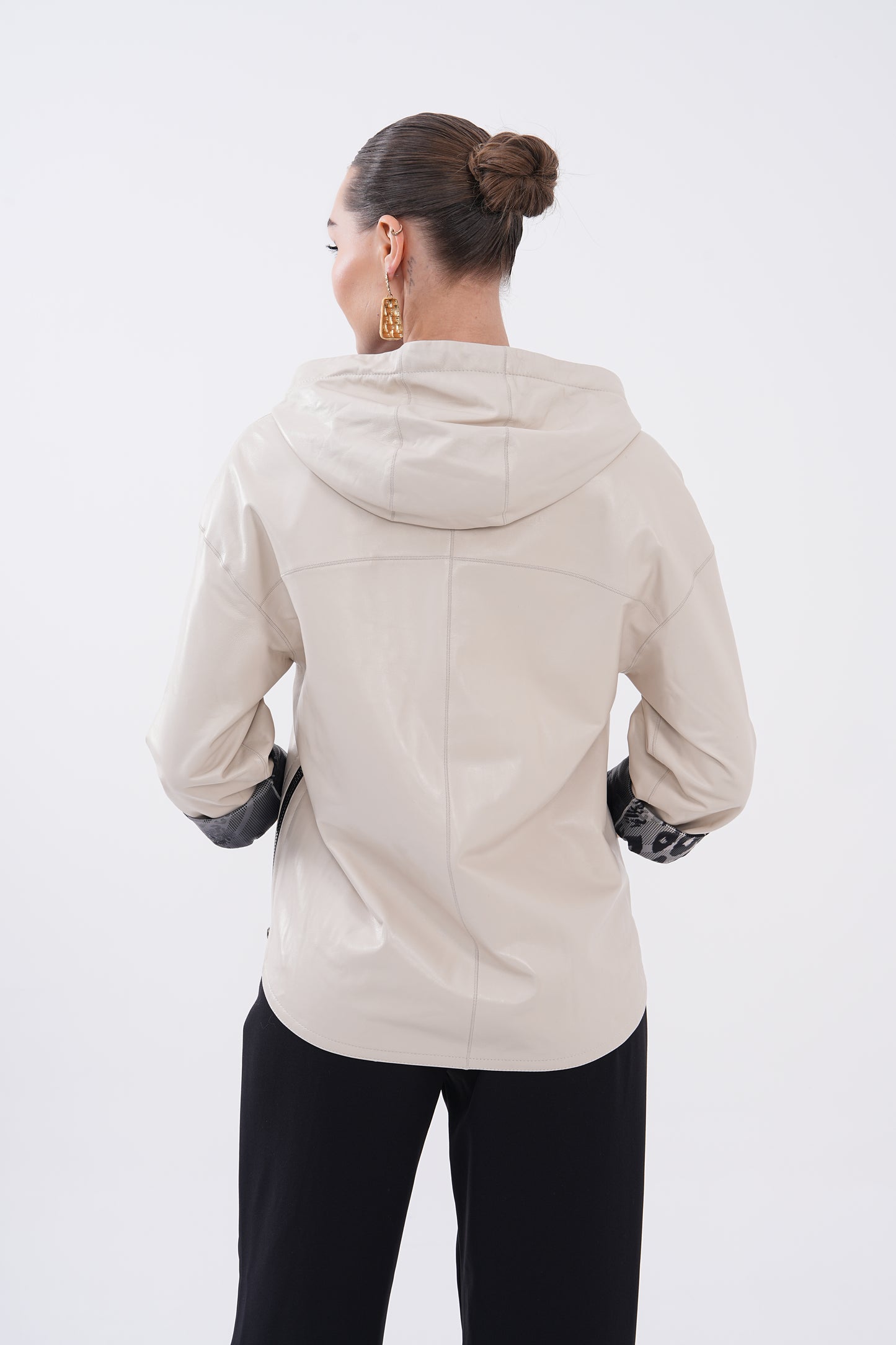 The Nyxara Reversible Hooded Beige Leather Women Jacket