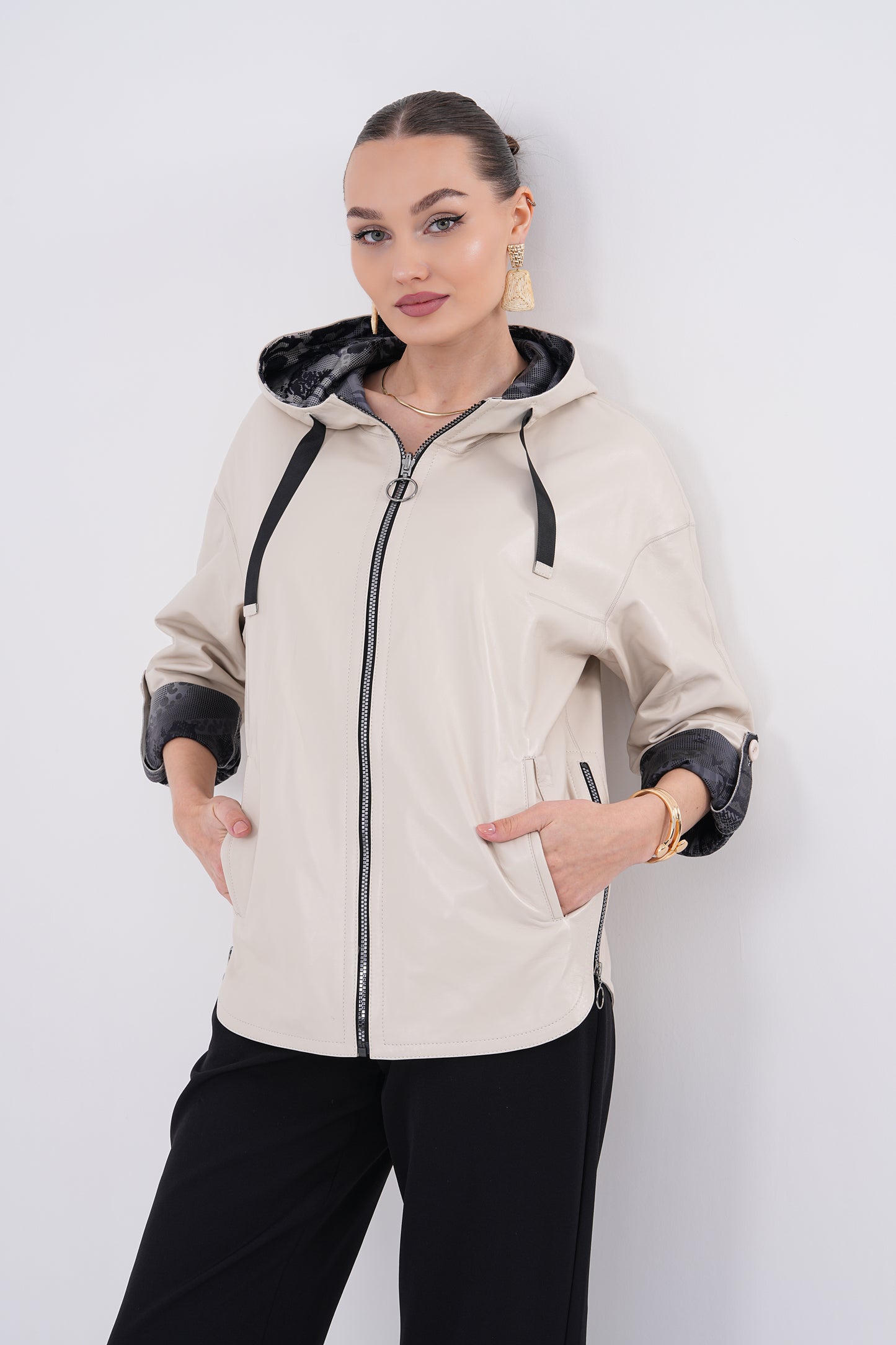 The Nyxara Reversible Hooded Beige Leather Women Jacket