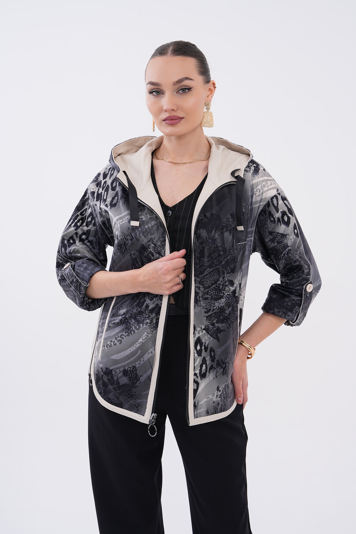 The Nyxara Reversible Hooded Beige Leather Women Jacket