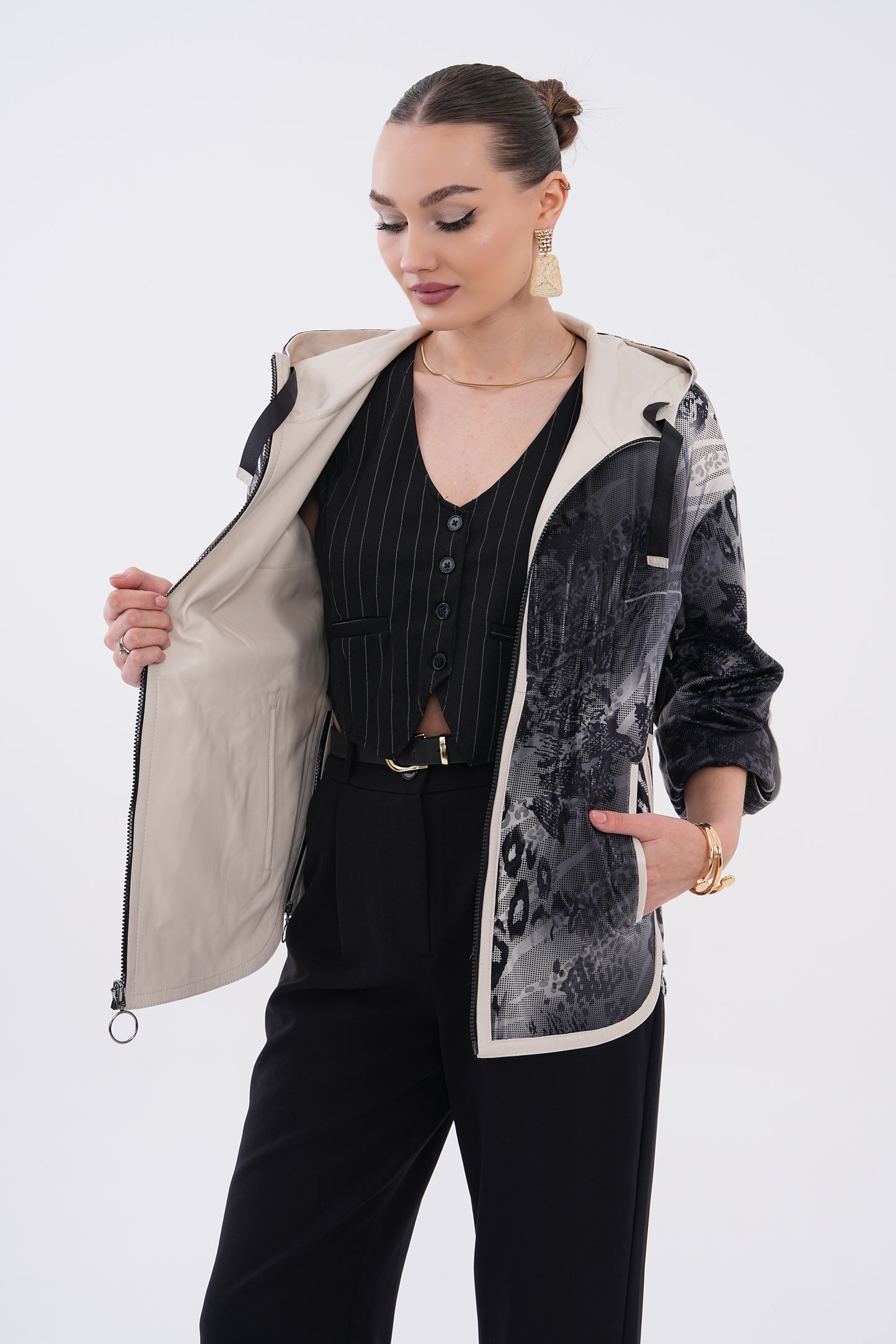 The Nyxara Reversible Hooded Beige Leather Women Jacket