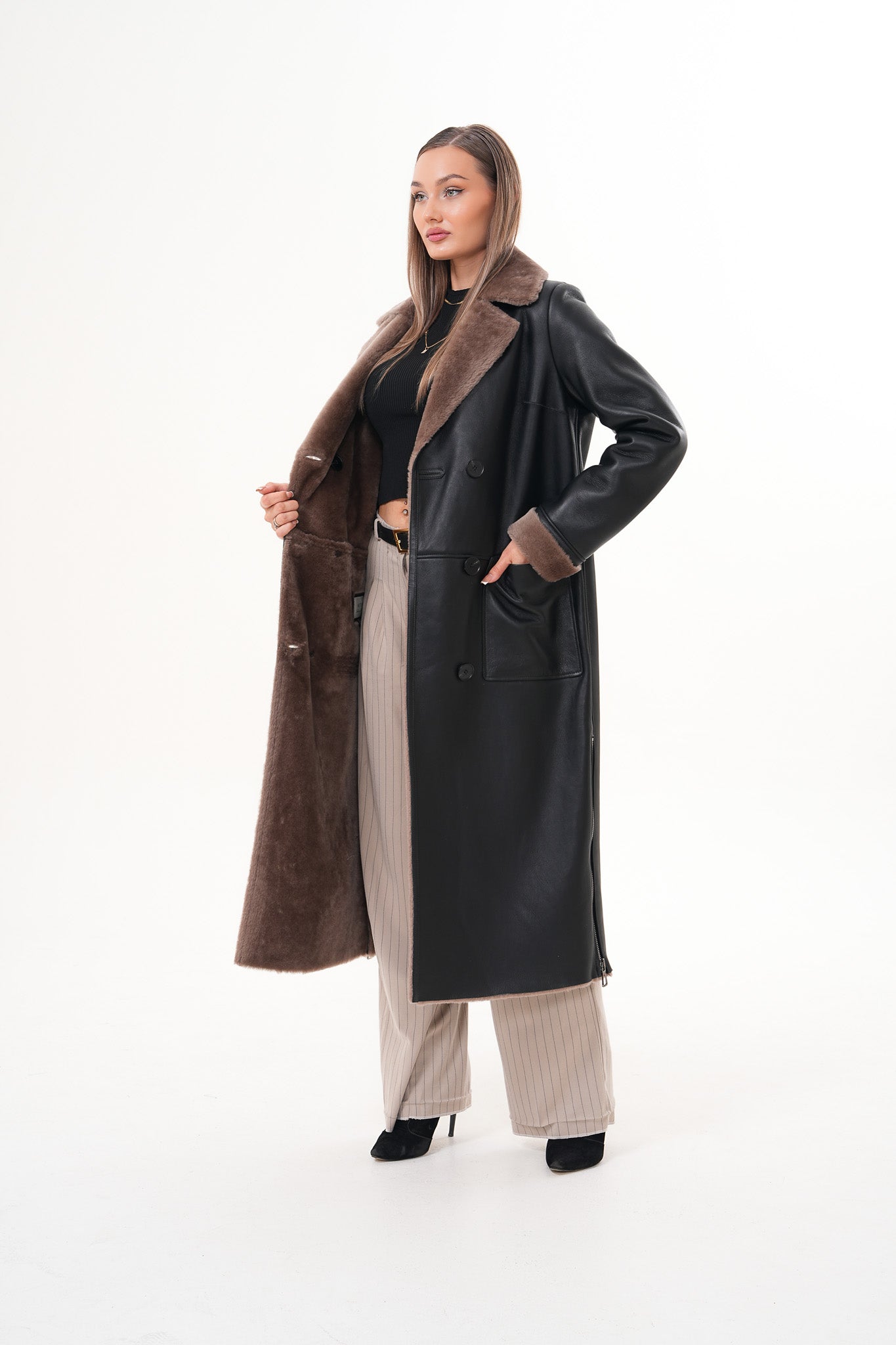 The Florence Long Shearling Black Leather Women Jacket
