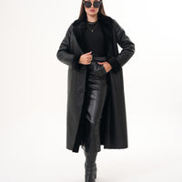 The Raven Chaqueta de Cuero para Mujer con Forro de Borrego Largo en Negro