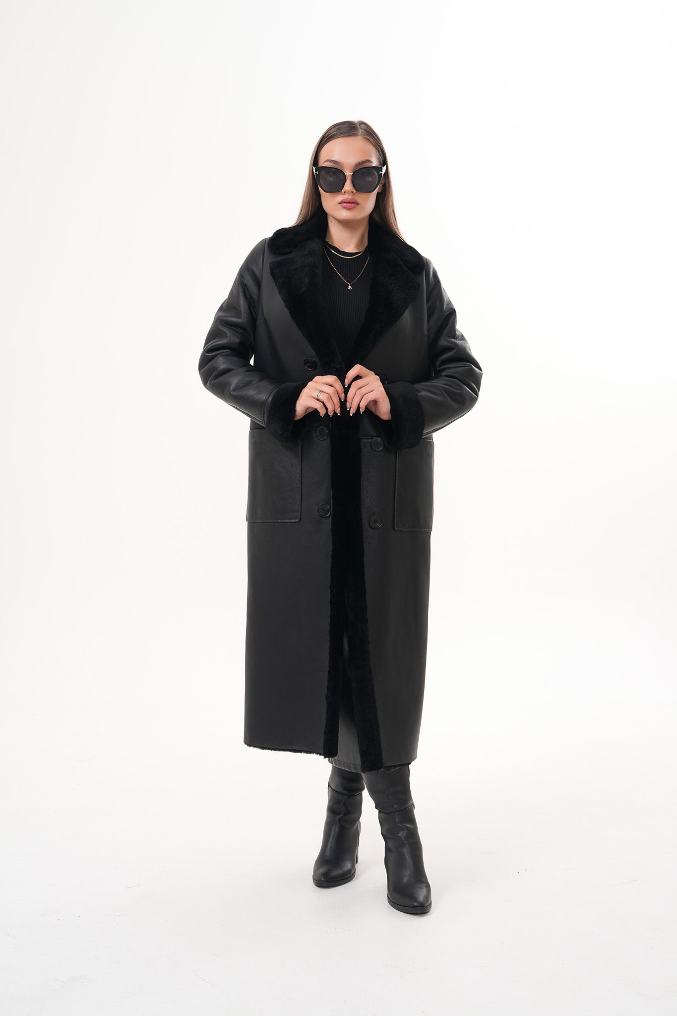 The Raven Chaqueta de Cuero para Mujer con Forro de Borrego Largo en Negro