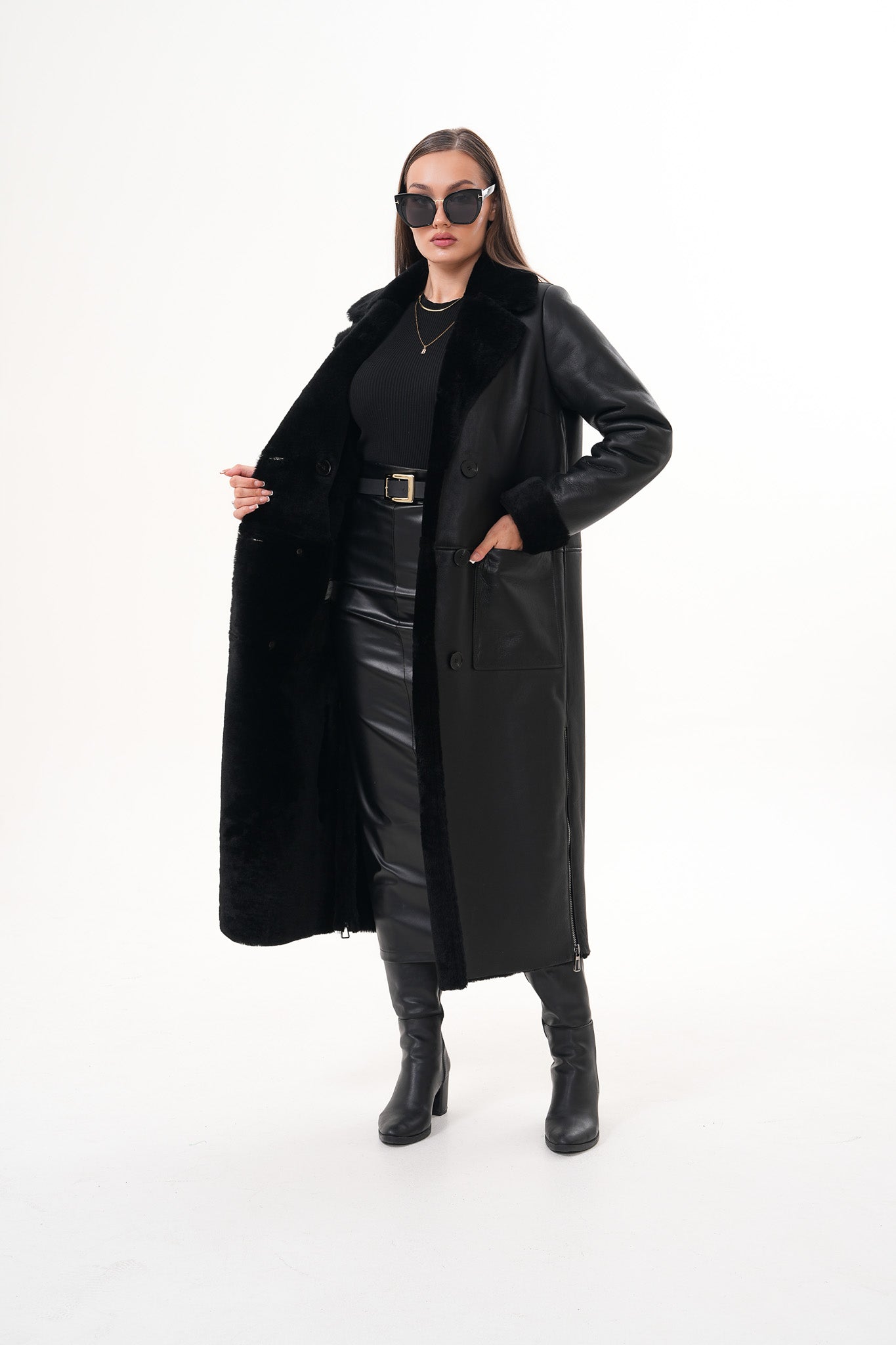 The Raven Chaqueta de Cuero para Mujer con Forro de Borrego Largo en Negro