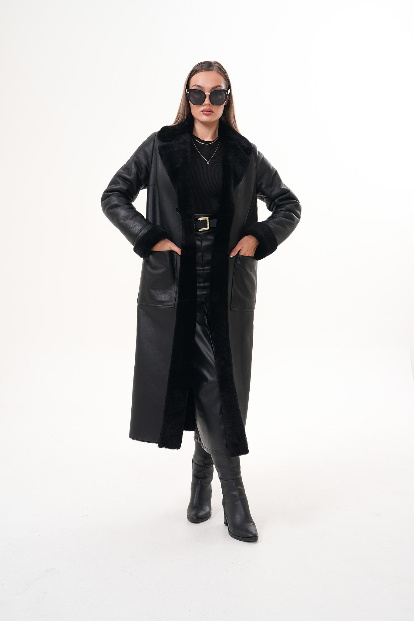 The Raven Chaqueta de Cuero para Mujer con Forro de Borrego Largo en Negro