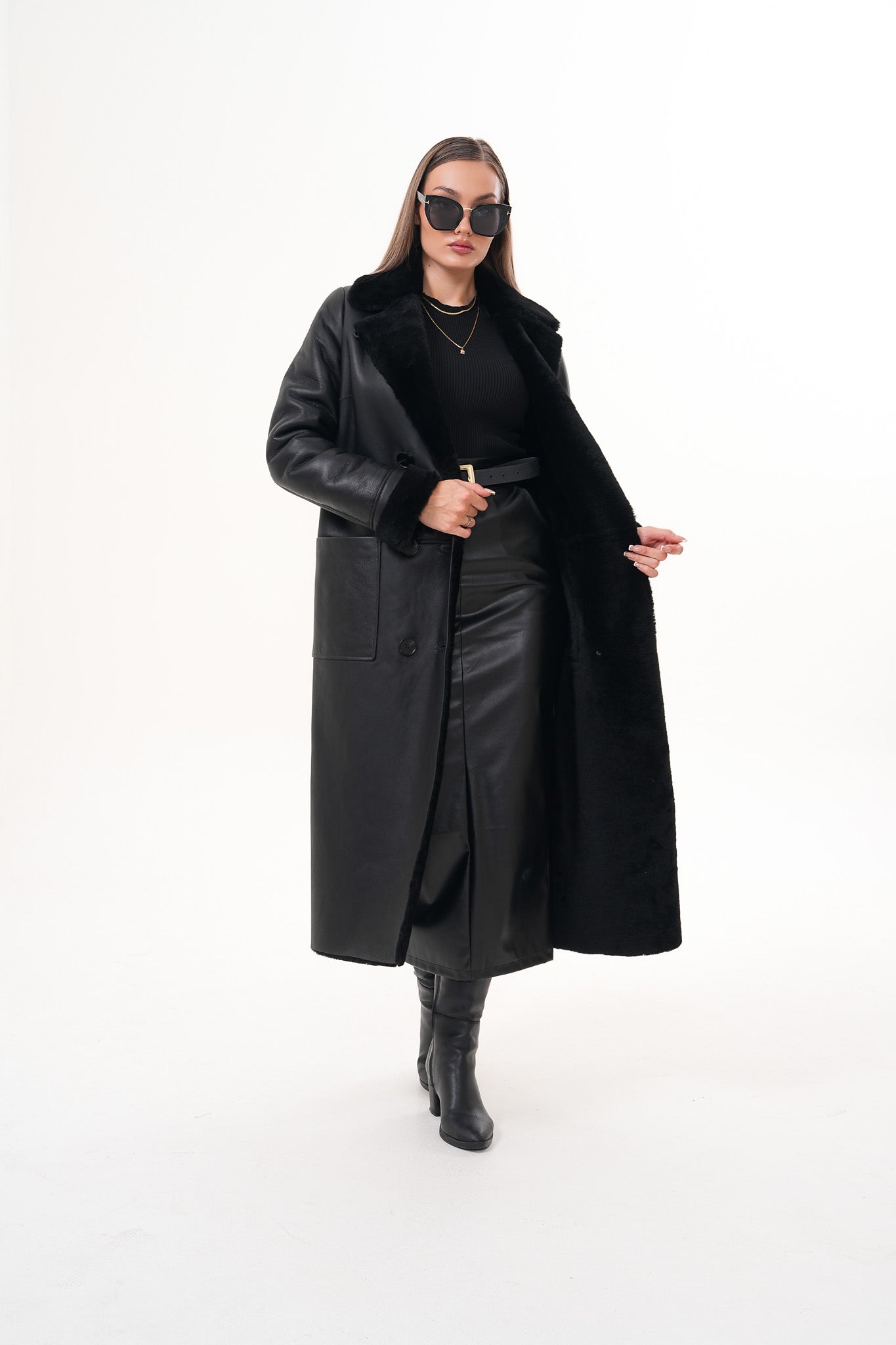 The Raven Chaqueta de Cuero para Mujer con Forro de Borrego Largo en Negro