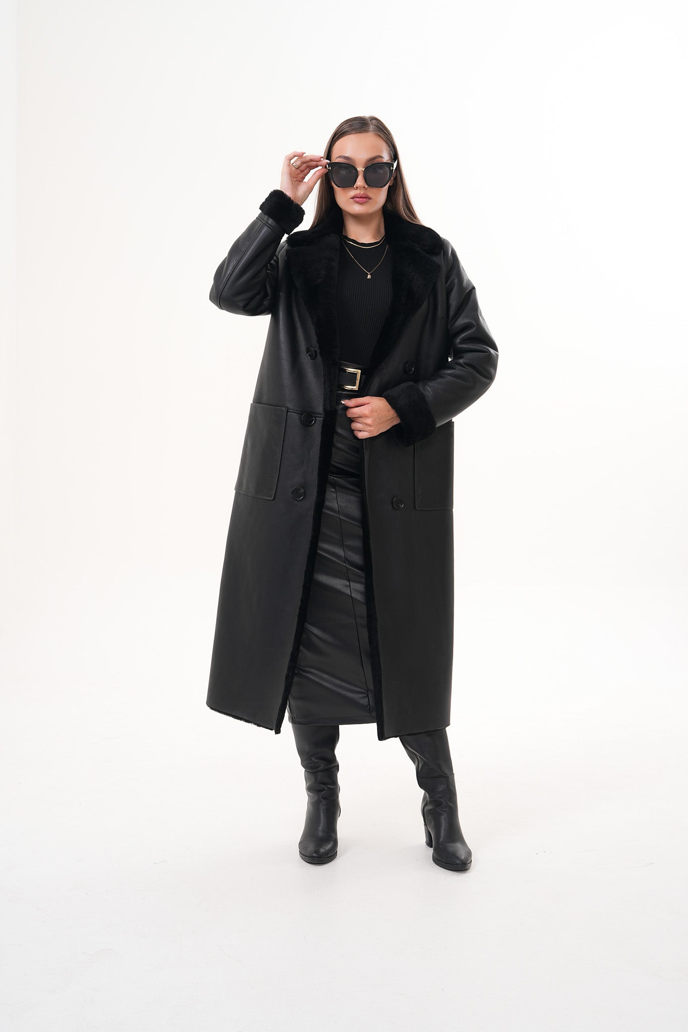 The Raven Chaqueta de Cuero para Mujer con Forro de Borrego Largo en Negro