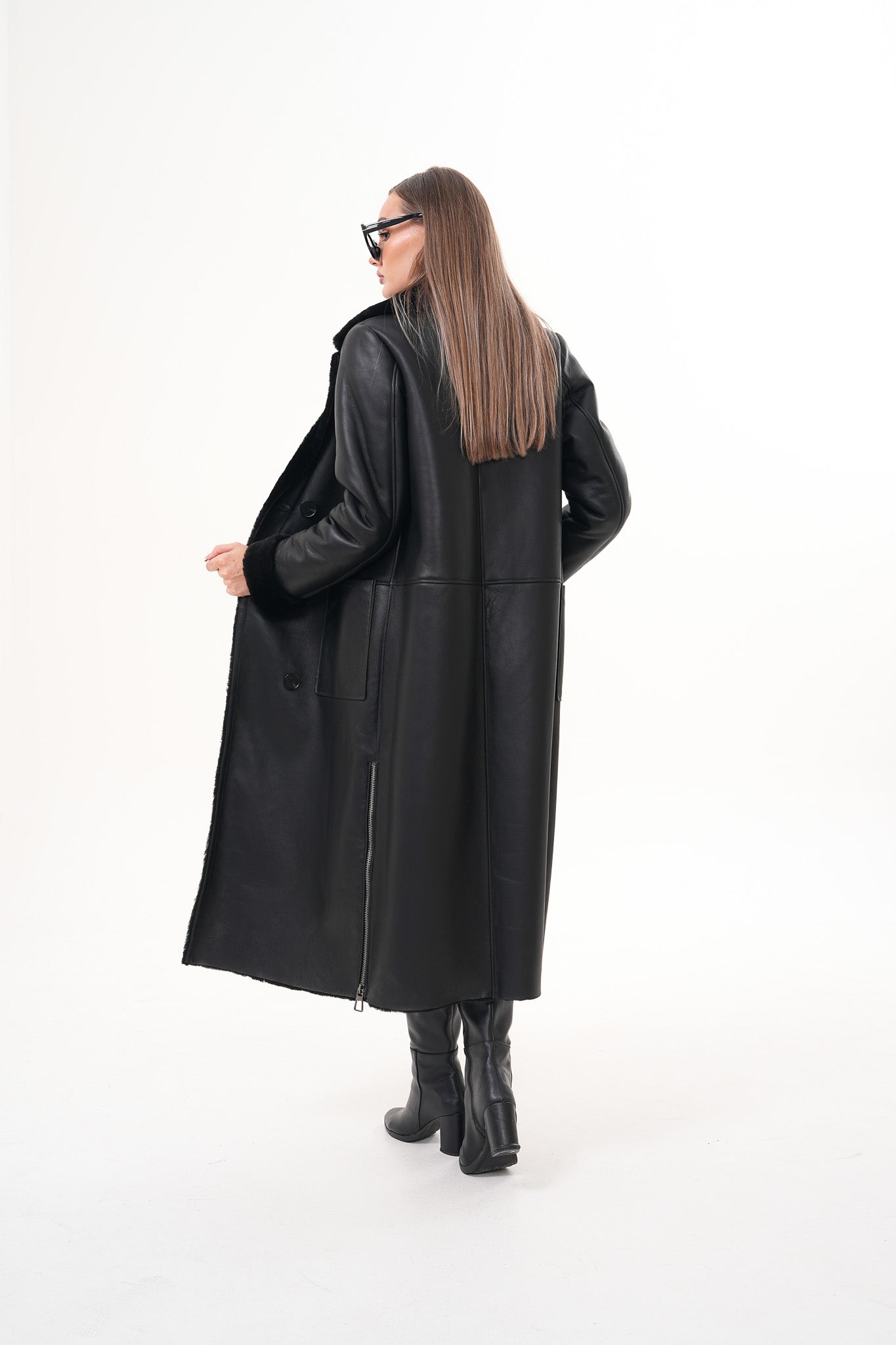 The Raven Chaqueta de Cuero para Mujer con Forro de Borrego Largo en Negro