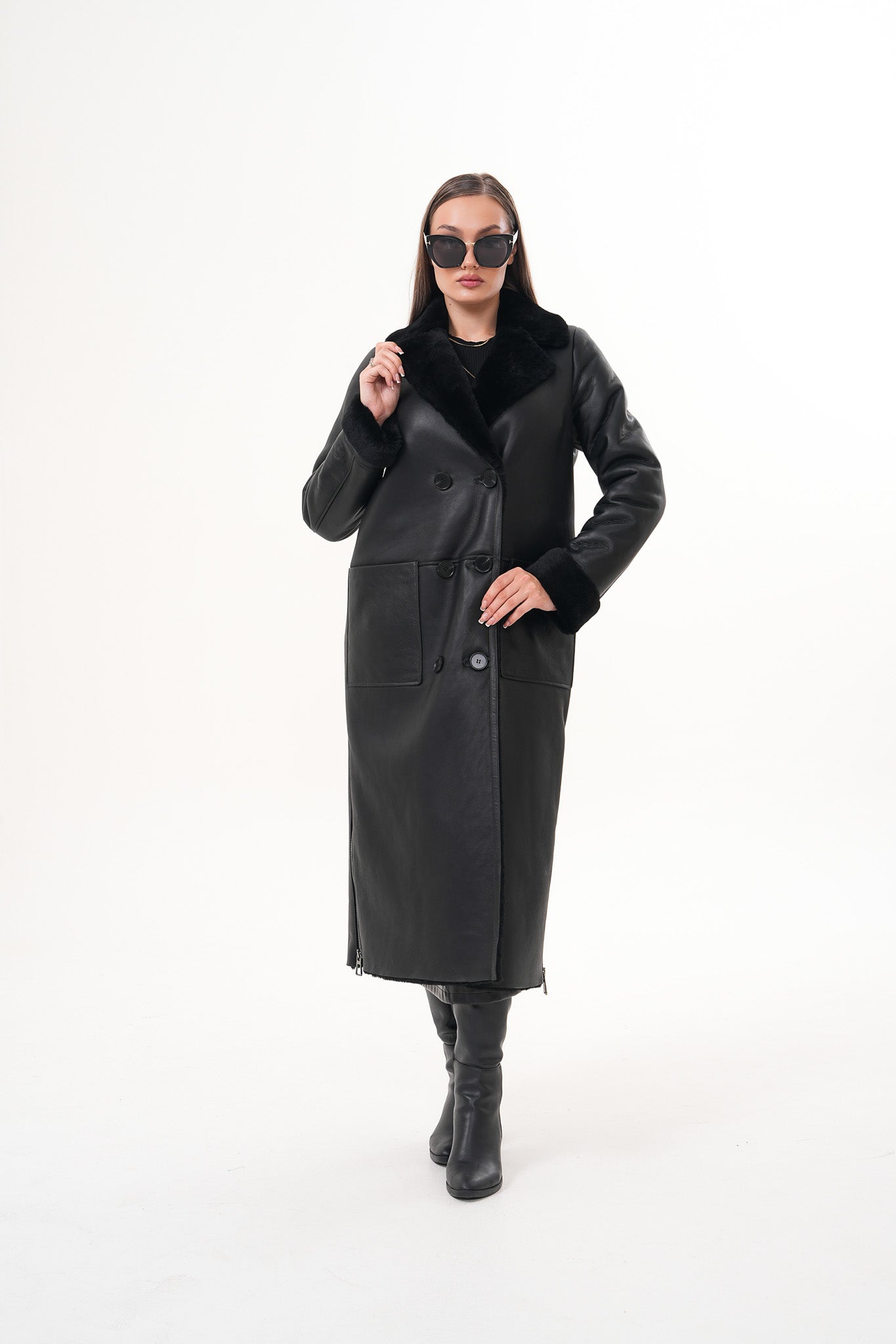 The Raven Chaqueta de Cuero para Mujer con Forro de Borrego Largo en Negro