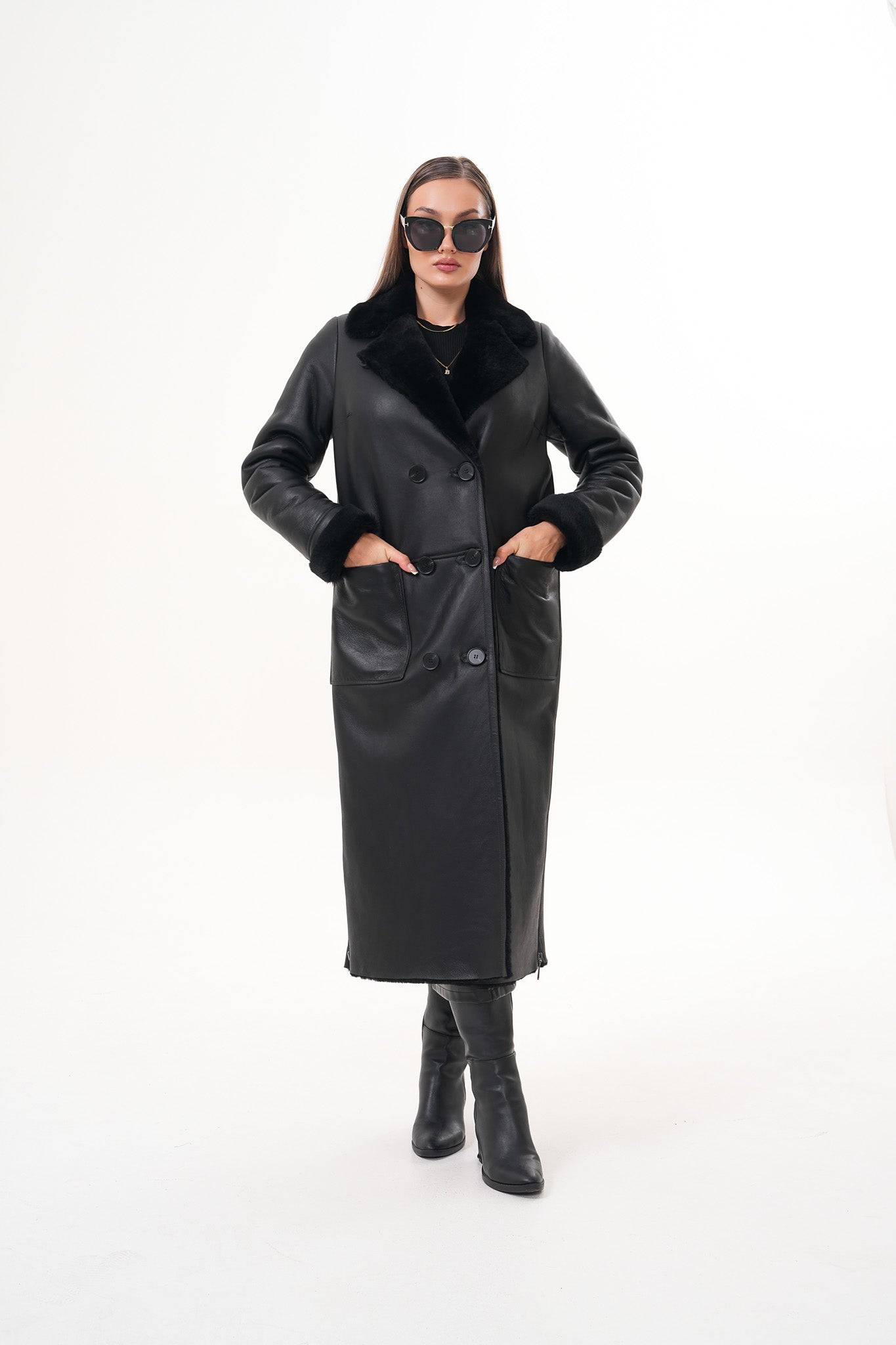 The Raven Chaqueta de Cuero para Mujer con Forro de Borrego Largo en Negro
