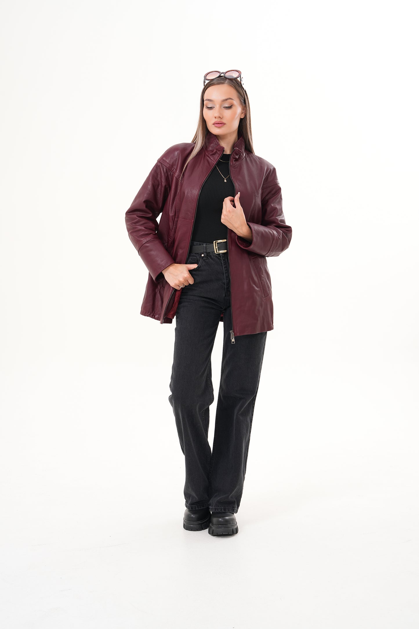 The Sierra Chaqueta de Cuero para Mujer en Burdeos