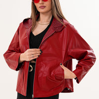 The Elvaria Red Genuine Leather Reversible Hooded Women Jacket