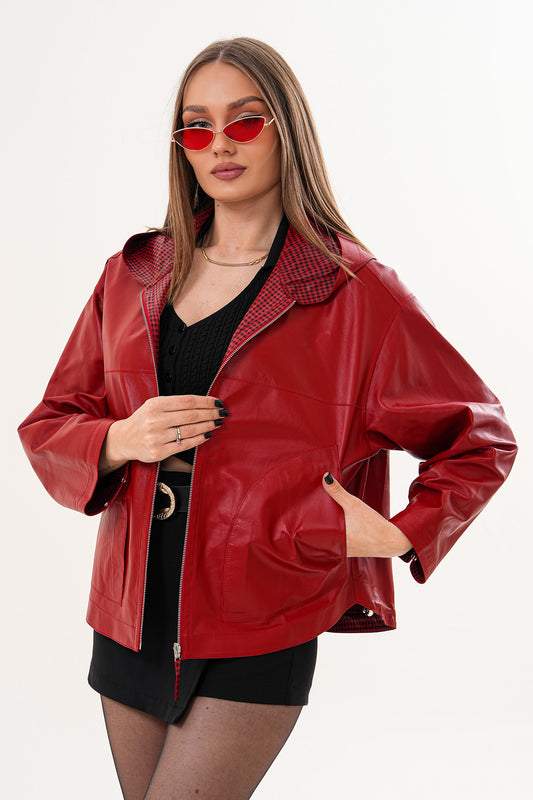 جاكيت نسائي بقلنسوة من جلد طبيعي قابل للارتداء على الوجهين Elvaria Red