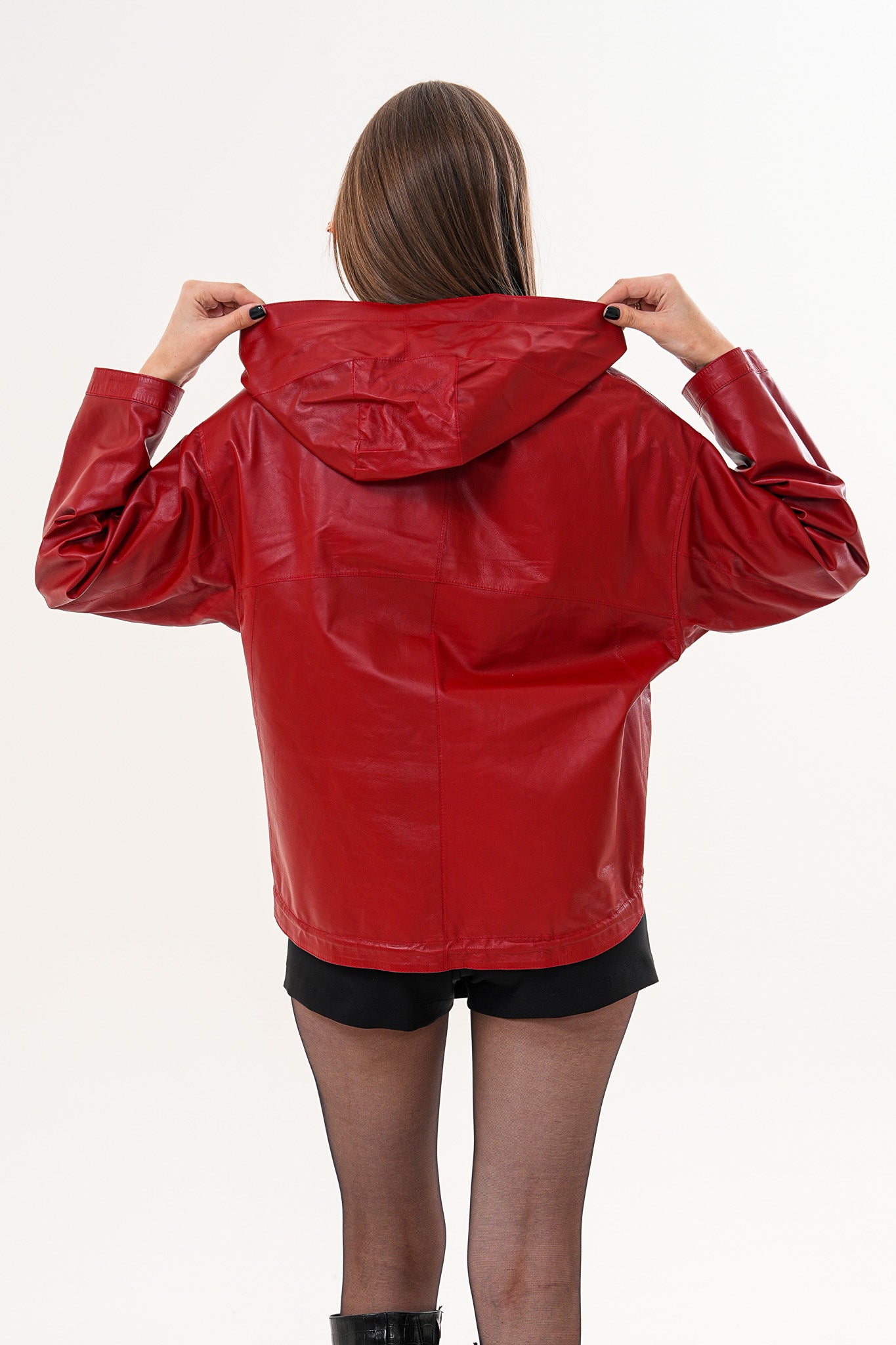 The Elvaria Red Genuine Leather Reversible Hooded Women Jacket