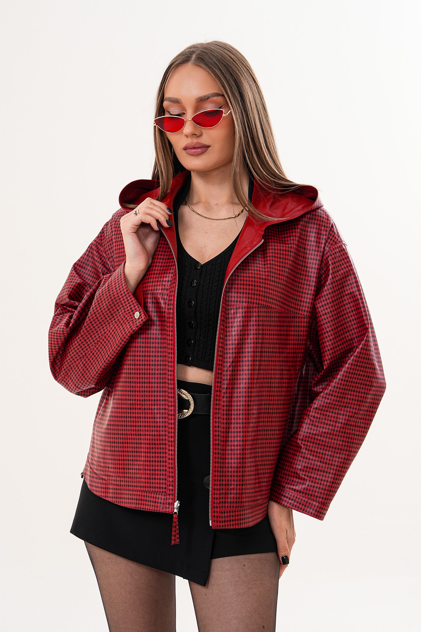 The Elvaria Red Genuine Leather Reversible Hooded Women Jacket