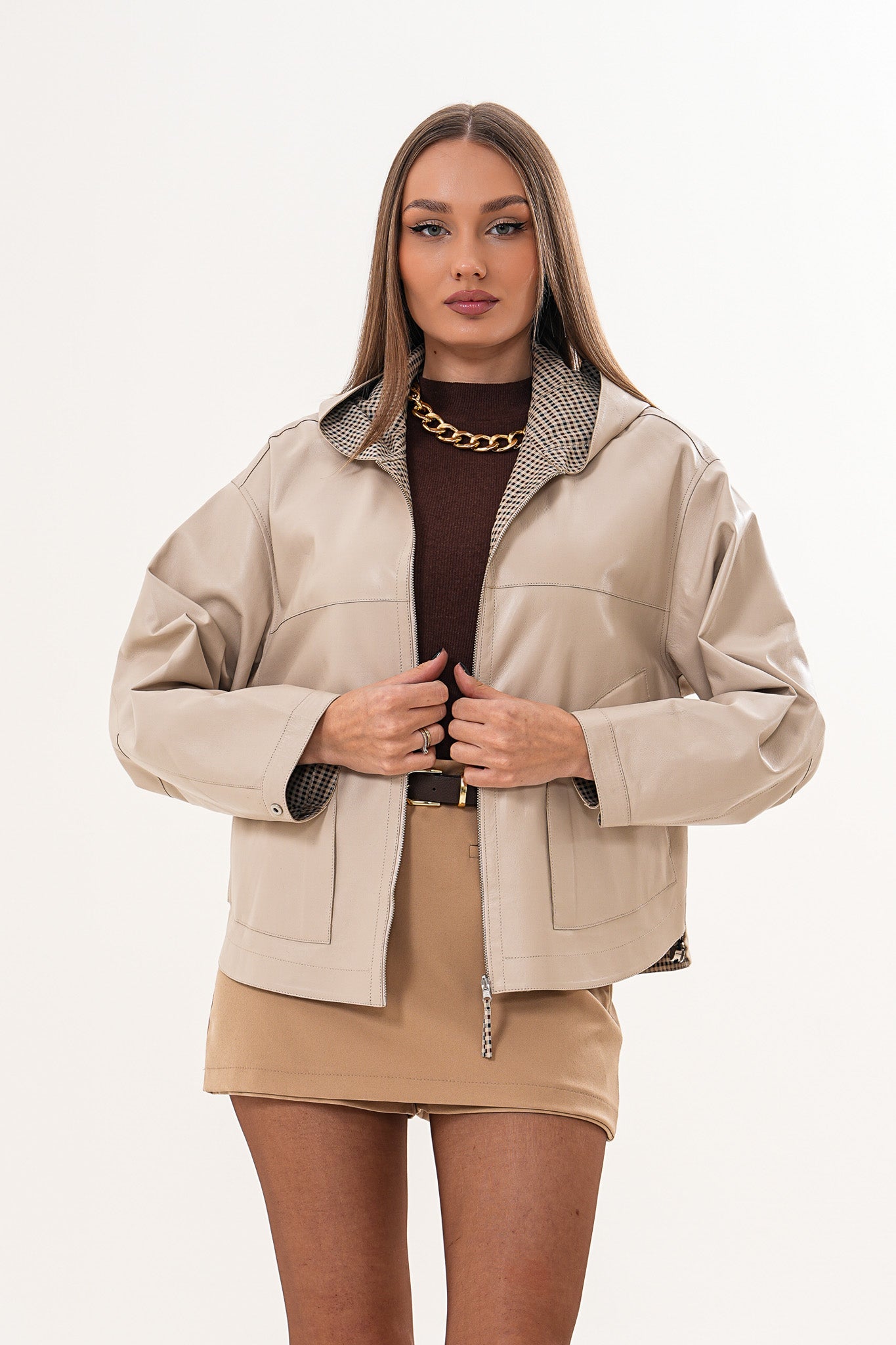 The Elvaria Beige Genuine Leather Reversible Hooded Women Jacket