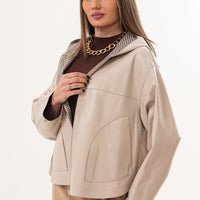 The Elvaria Beige Genuine Leather Reversible Hooded Women Jacket