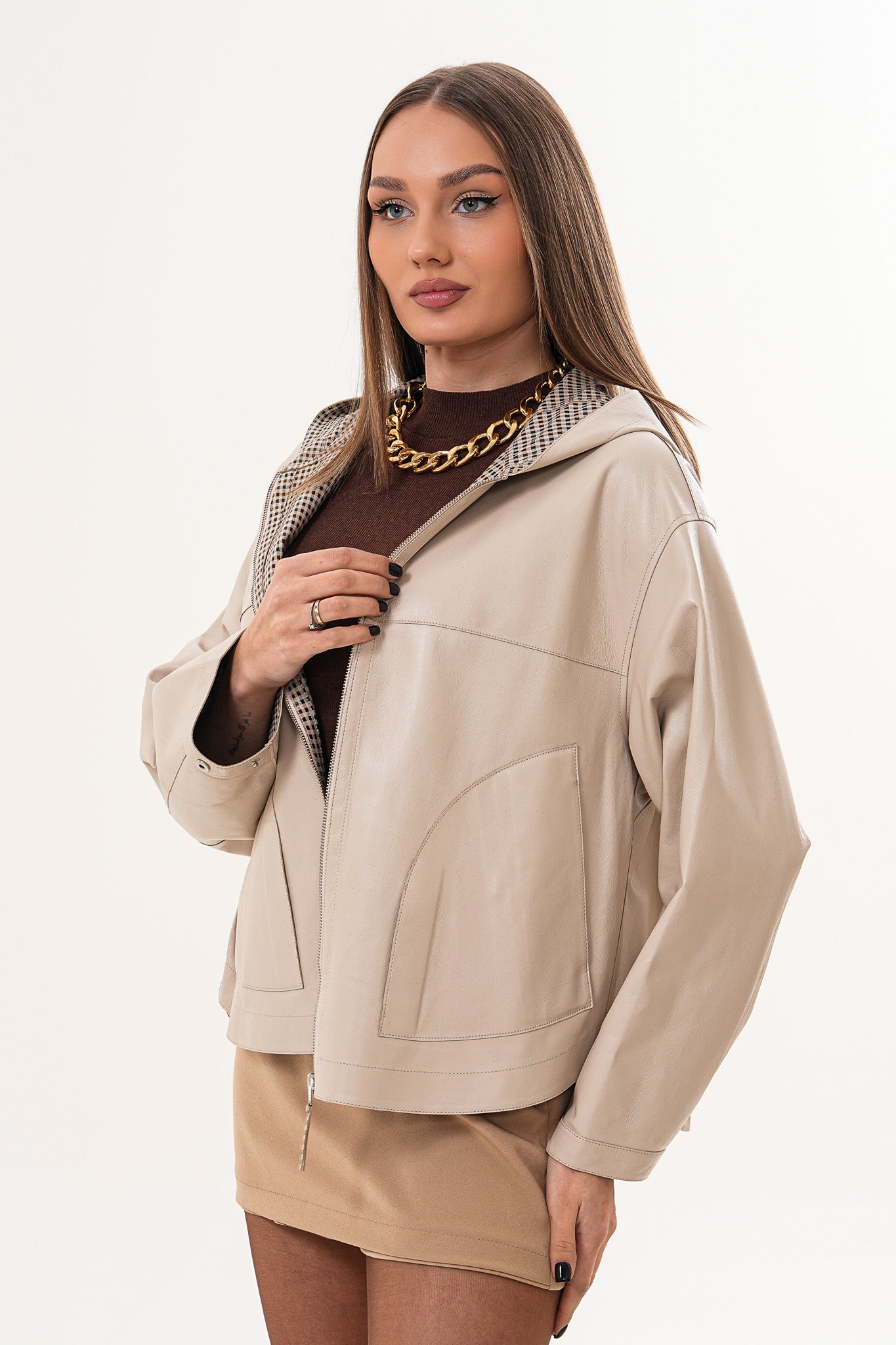 The Elvaria Beige Genuine Leather Reversible Hooded Women Jacket