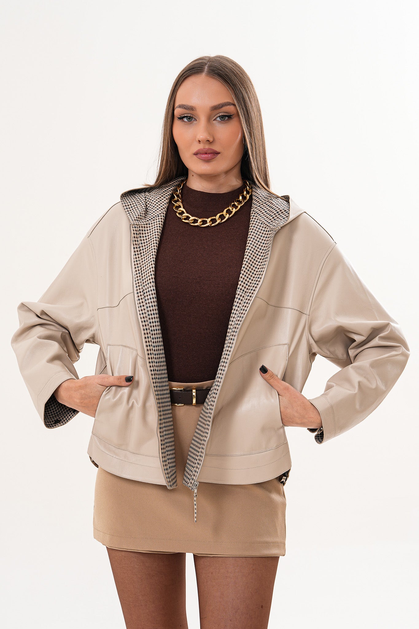 The Elvaria Beige Genuine Leather Reversible Hooded Women Jacket