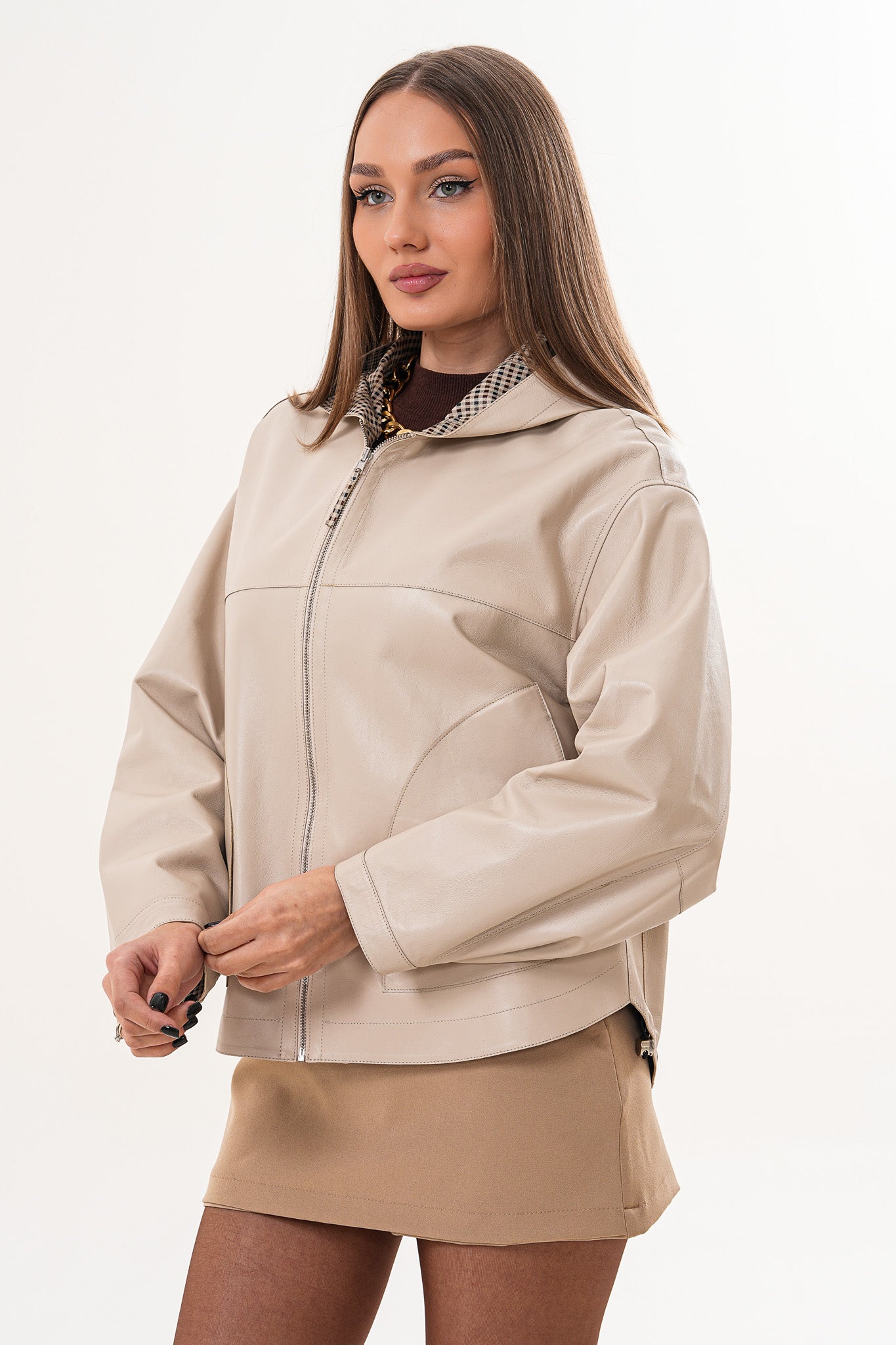 The Elvaria Beige Genuine Leather Reversible Hooded Women Jacket