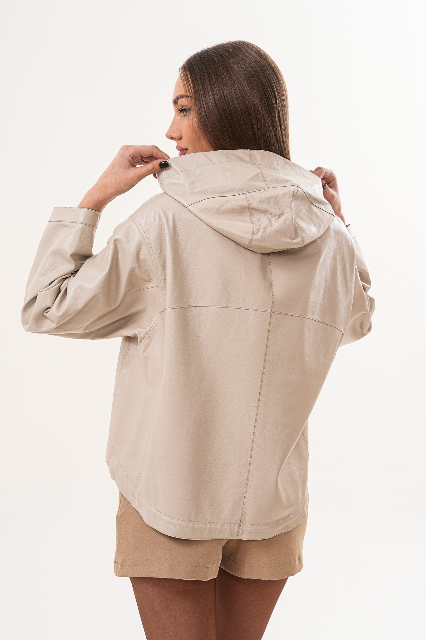 The Elvaria Beige Genuine Leather Reversible Hooded Women Jacket