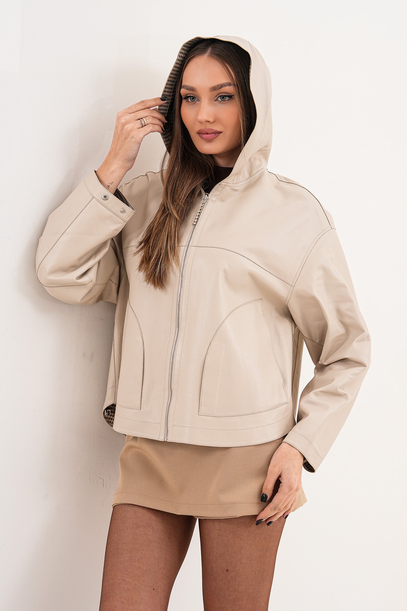 The Elvaria Beige Genuine Leather Reversible Hooded Women Jacket