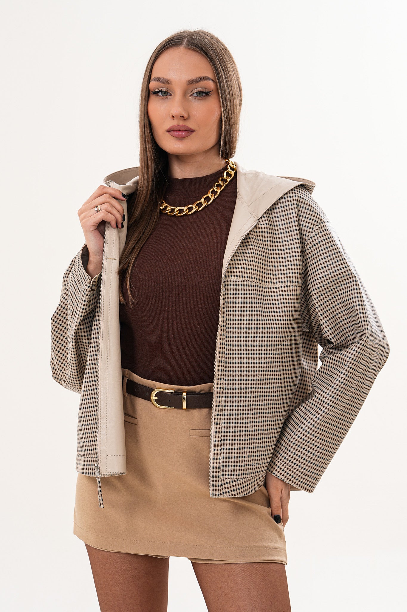 The Elvaria Beige Genuine Leather Reversible Hooded Women Jacket