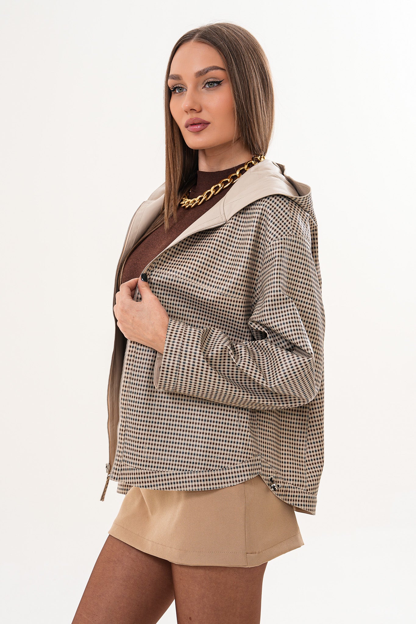 The Elvaria Beige Genuine Leather Reversible Hooded Women Jacket