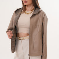 The Elvaria Taupe Genuine Leather Reversible Hooded Women Jacket