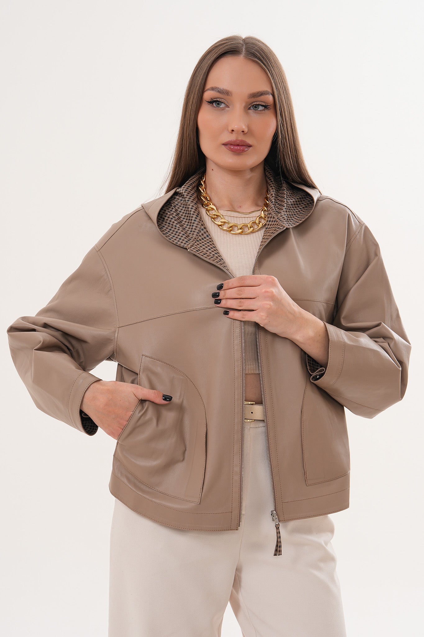 The Elvaria Taupe Genuine Leather Reversible Hooded Women Jacket