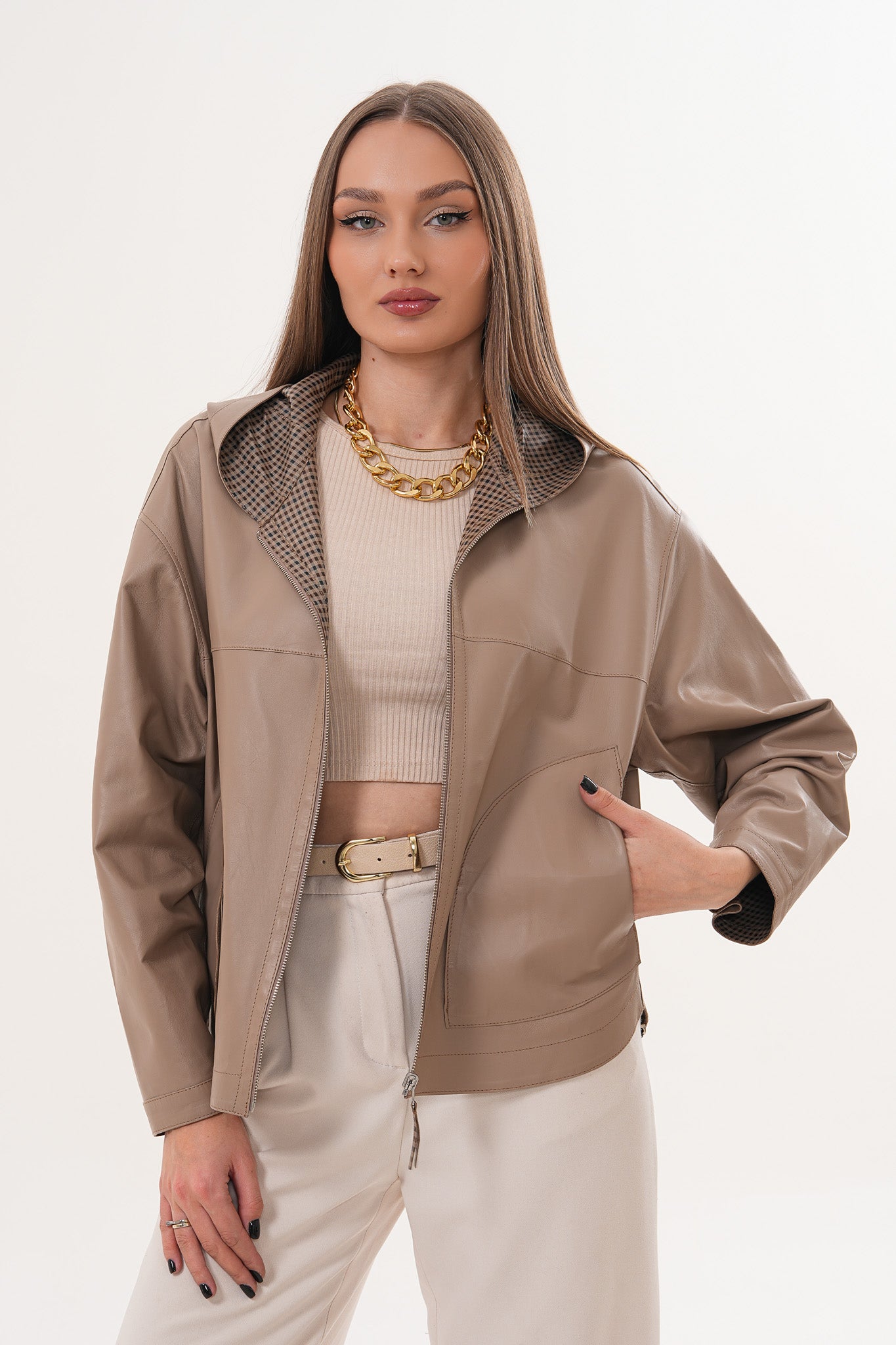 The Elvaria Taupe Genuine Leather Reversible Hooded Women Jacket