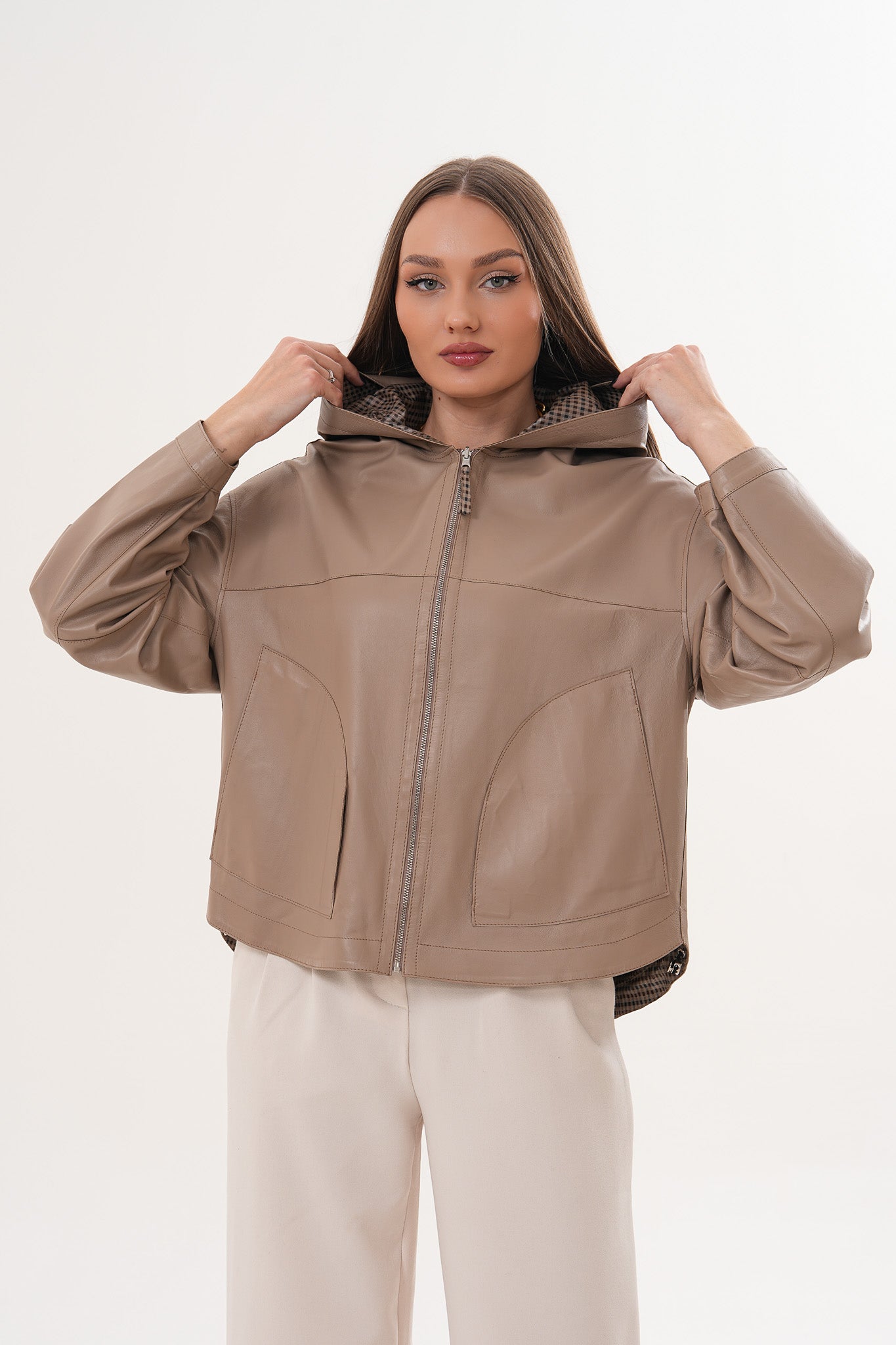 The Elvaria Taupe Genuine Leather Reversible Hooded Women Jacket