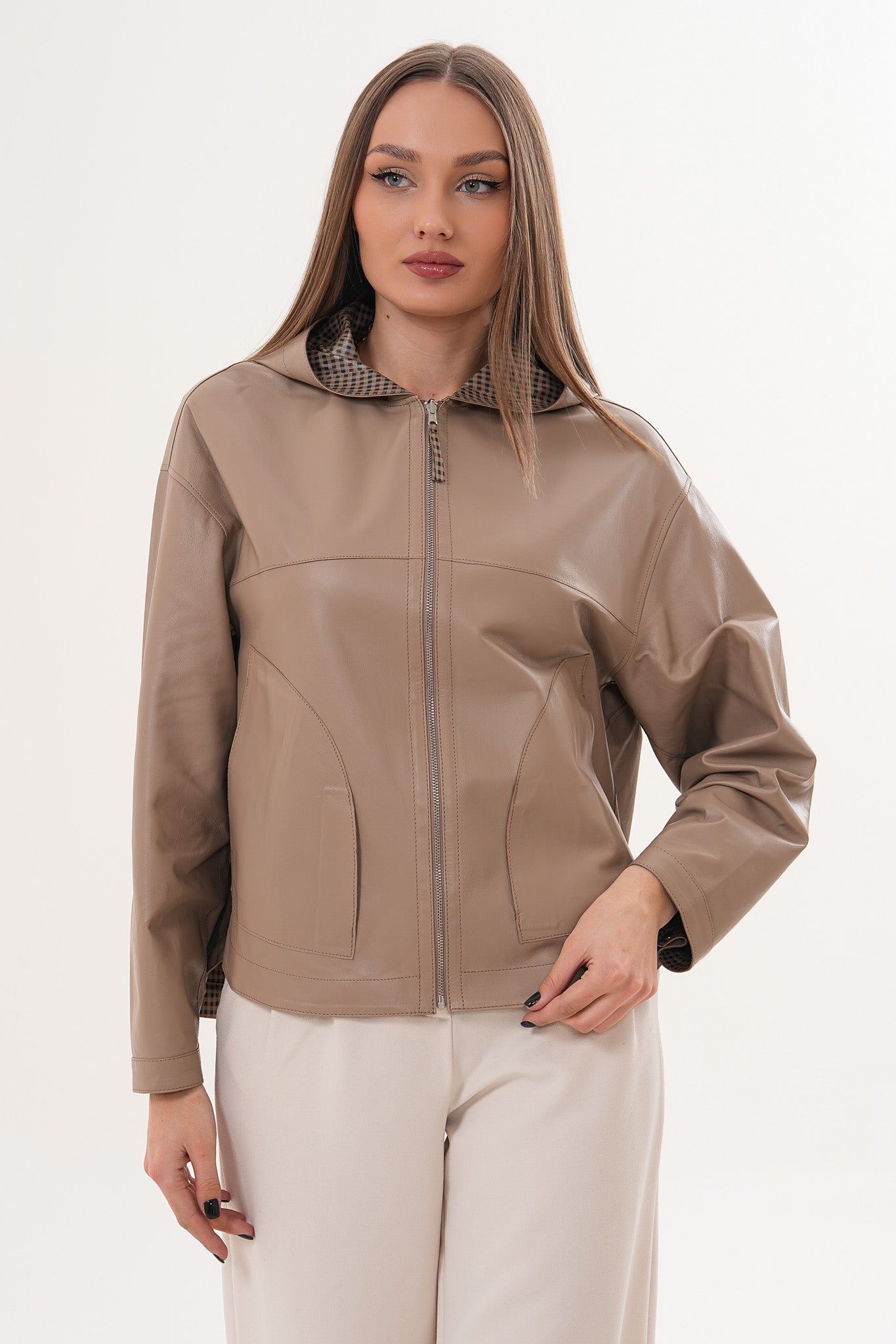 The Elvaria Taupe Genuine Leather Reversible Hooded Women Jacket