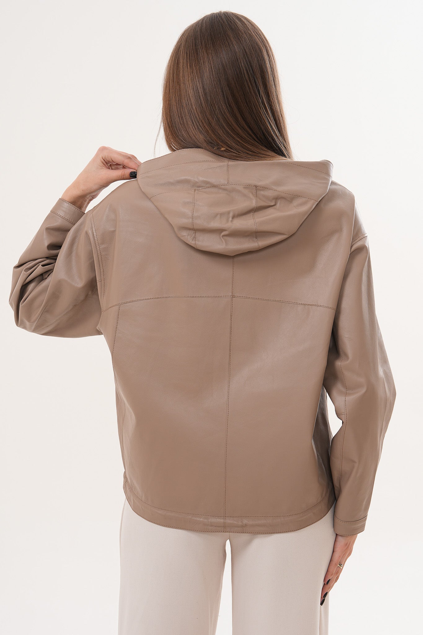 The Elvaria Taupe Genuine Leather Reversible Hooded Women Jacket