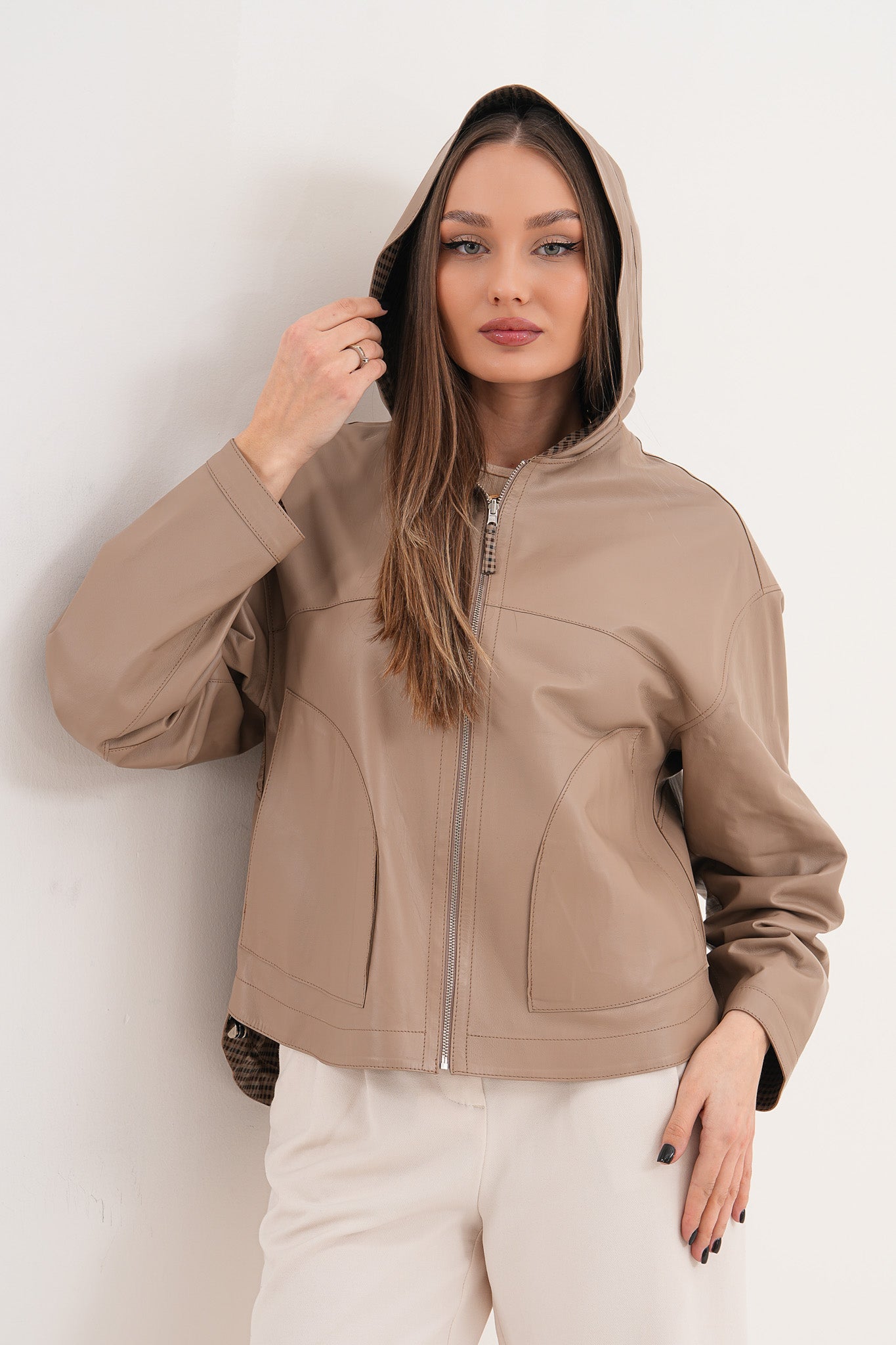 The Elvaria Taupe Genuine Leather Reversible Hooded Women Jacket
