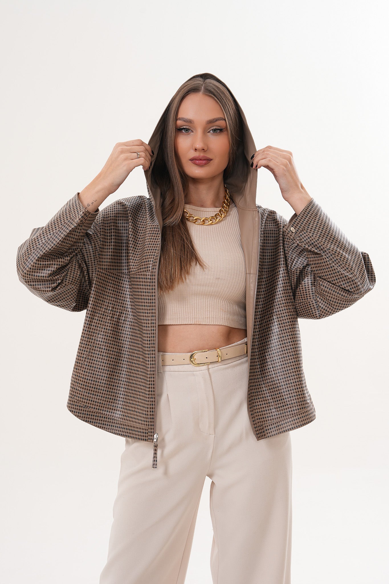 The Elvaria Taupe Genuine Leather Reversible Hooded Women Jacket