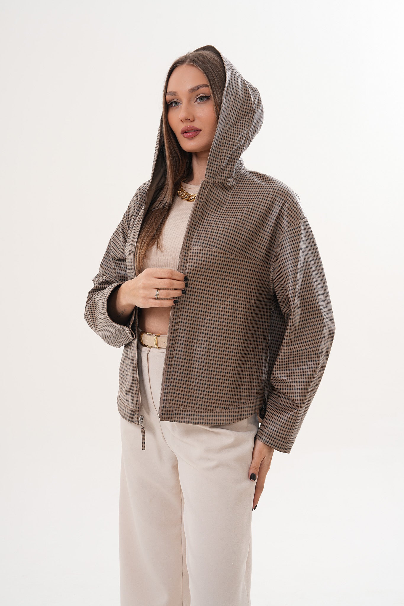 The Elvaria Taupe Genuine Leather Reversible Hooded Women Jacket