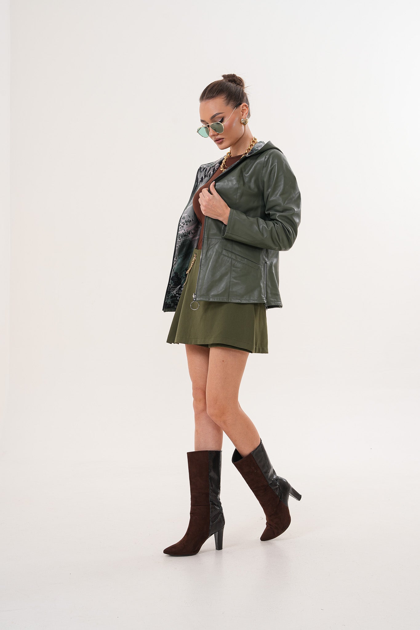 The Avelyn Reversible Olive Green Leather Women Jacket