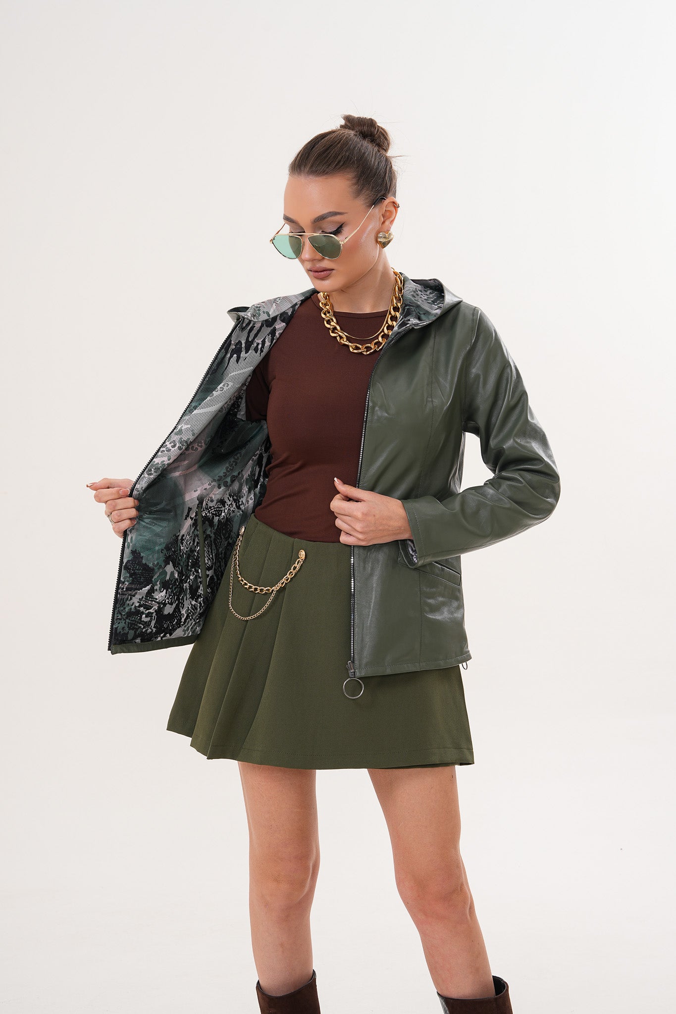 The Avelyn Reversible Olive Green Leather Women Jacket