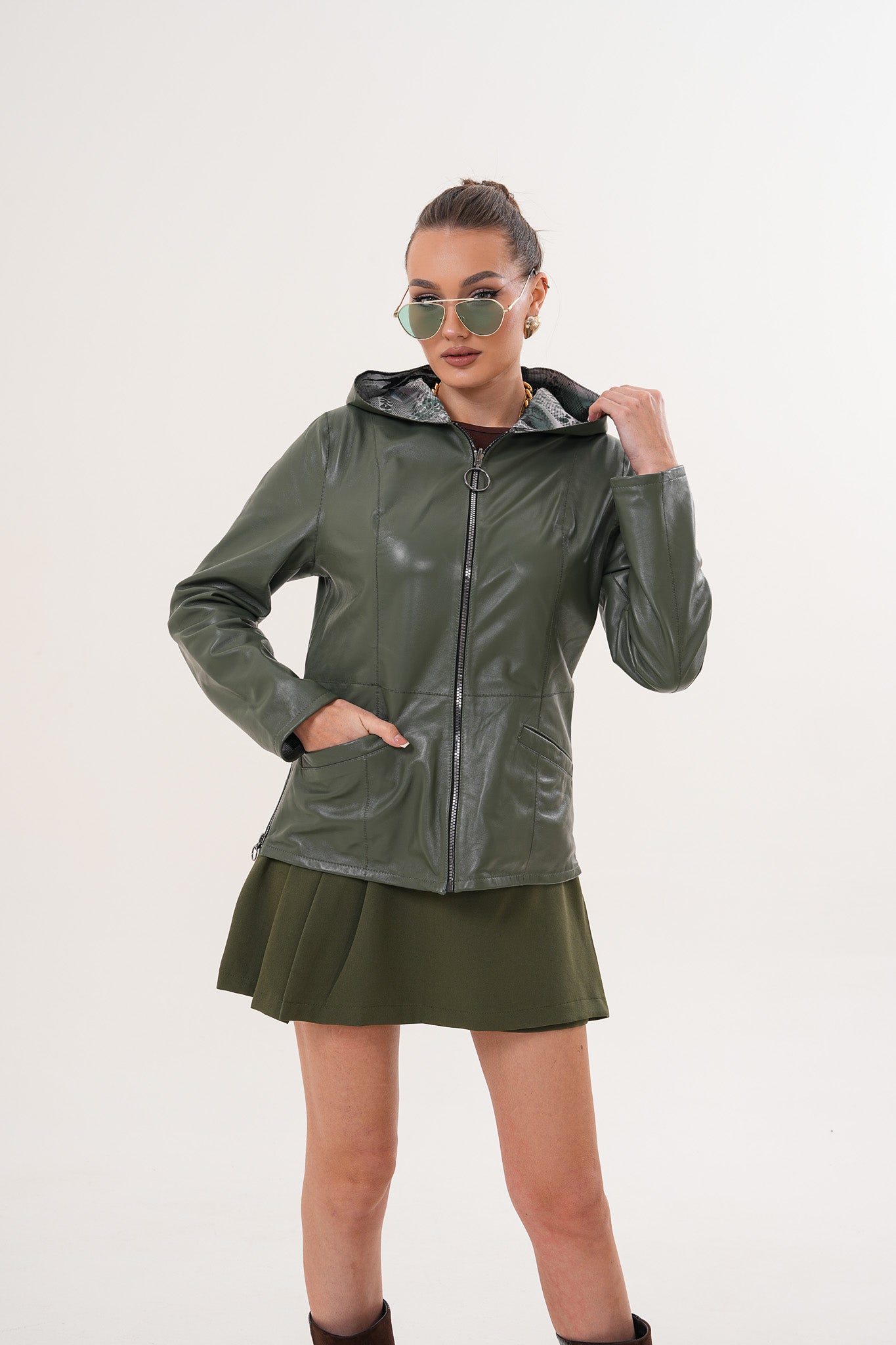 The Avelyn Reversible Olive Green Leather Women Jacket