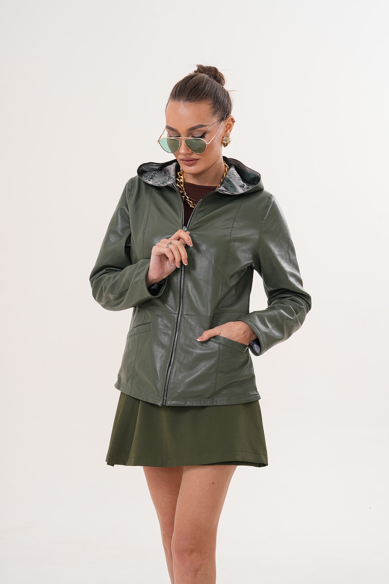 The Avelyn Reversible Olive Green Leather Women Jacket