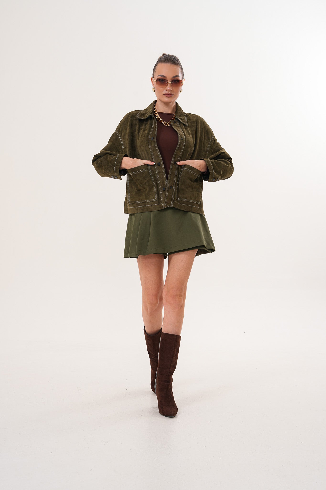 The Solviera Reversible Olive Suede Leather Women Jacket
