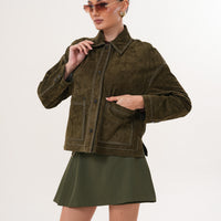 The Solviera Reversible Olive Suede Leather Women Jacket