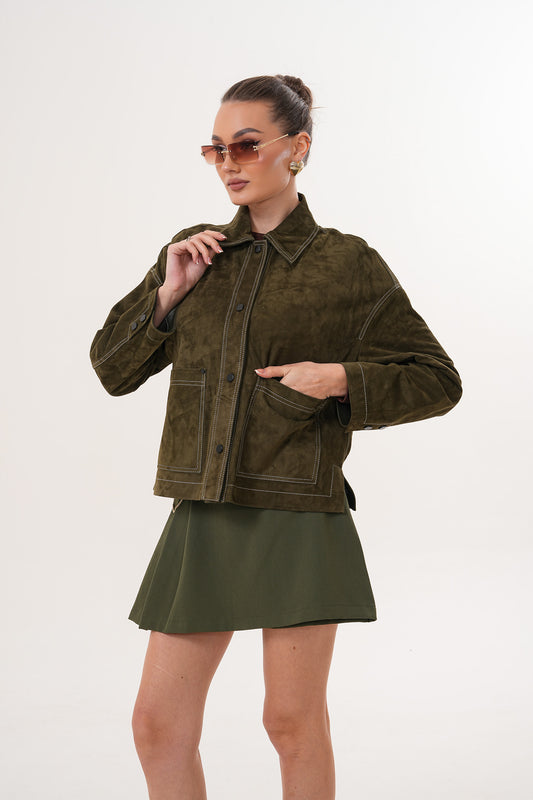 Chaqueta reversible de ante y cuero para mujer color oliva Solviera