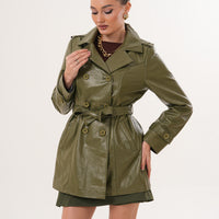 The Caelith Olive Green Leather Women Trench Jacket