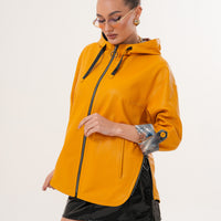 The Nyxara Reversible Hooded Mustard Yellow Leather Women Jacket